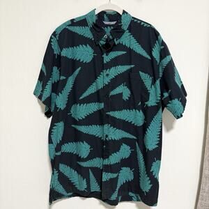 Kinolau Manaola Mens Hawaiian Aloha Button Up Shirt XL Black Green Fern Print